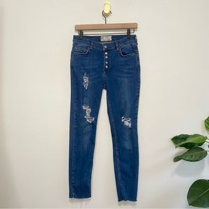 Free People Medium Wash Button Fly Distressed Skinny Jeans
